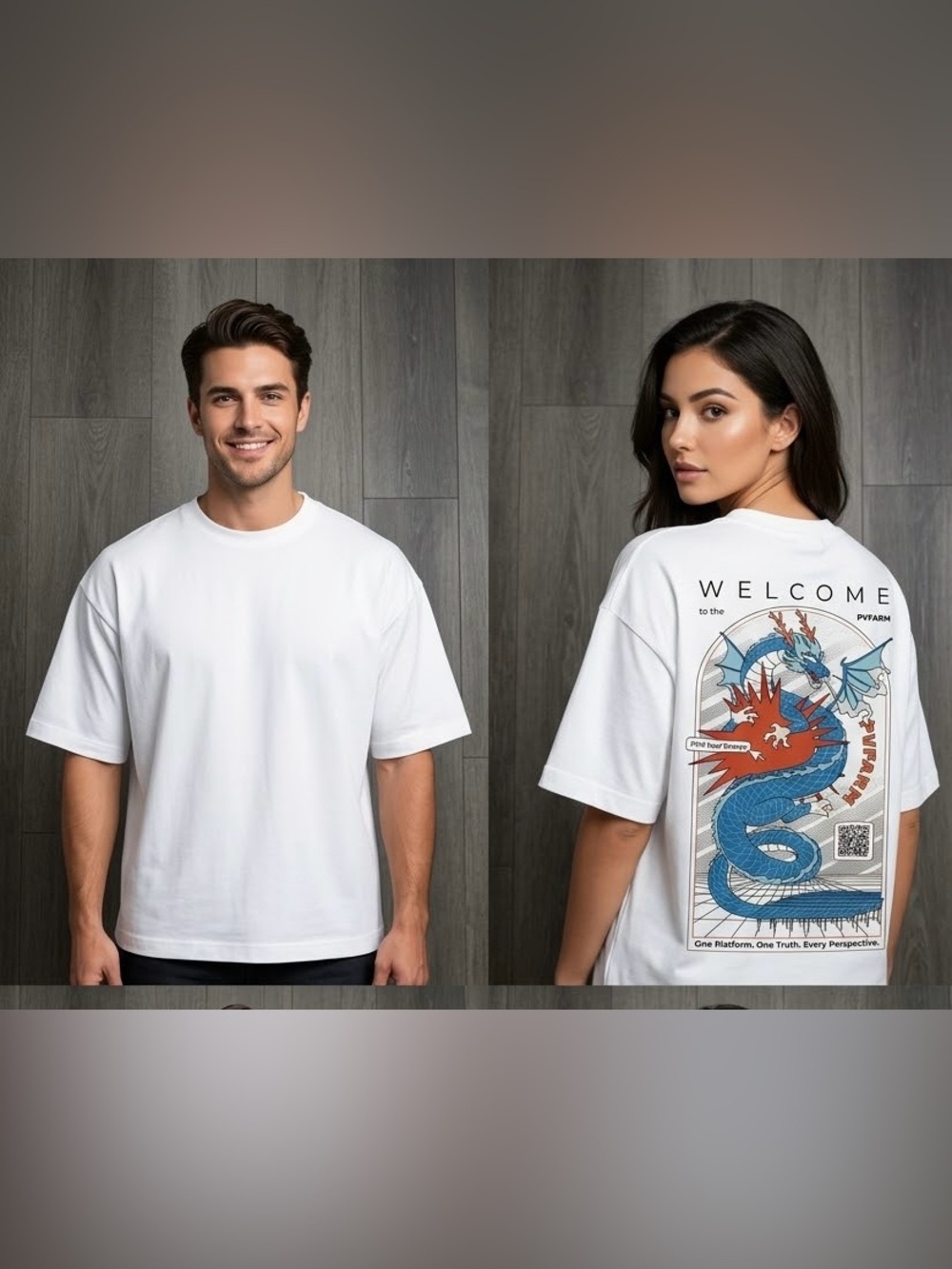 Cropp Boxy Fit Dragon Graphic T-Shirt White Oversized Streetwear Tee Unisex